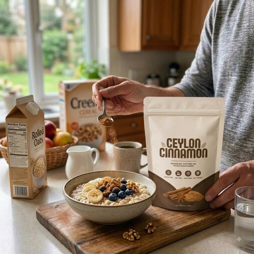 Woman sprinkling cinnamon on oatmeal