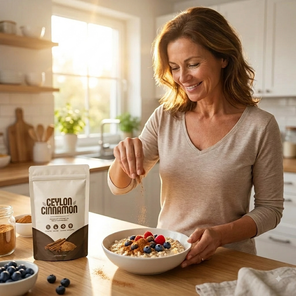 Man adding cinnamon to oatmeal bowl