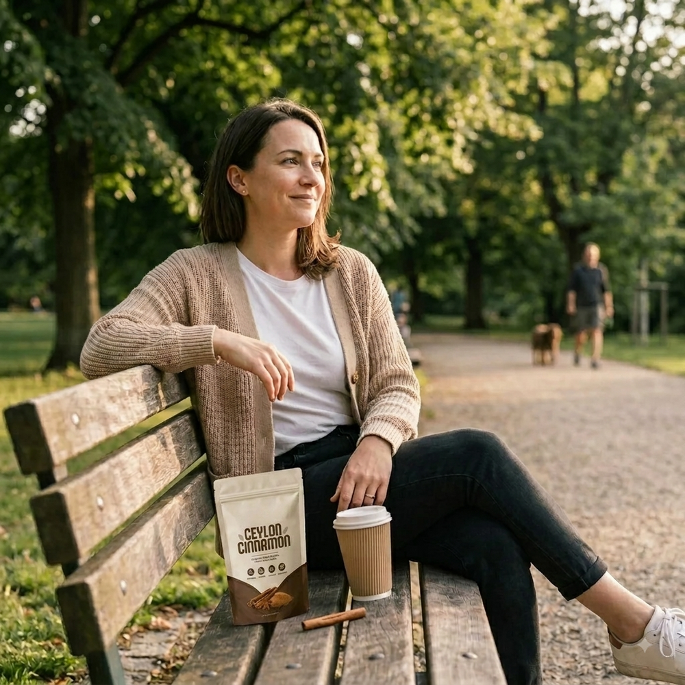 Woman relaxing on a park bench with coffee