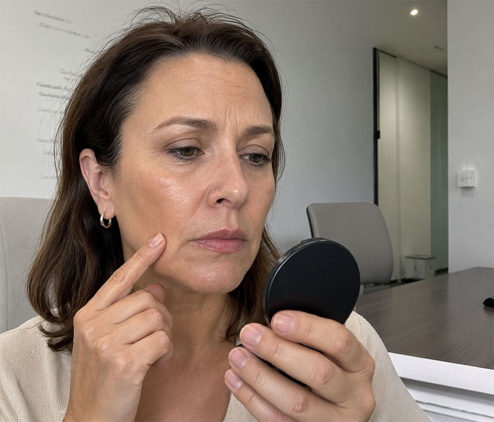 Woman checking her foundation shade in a mirror